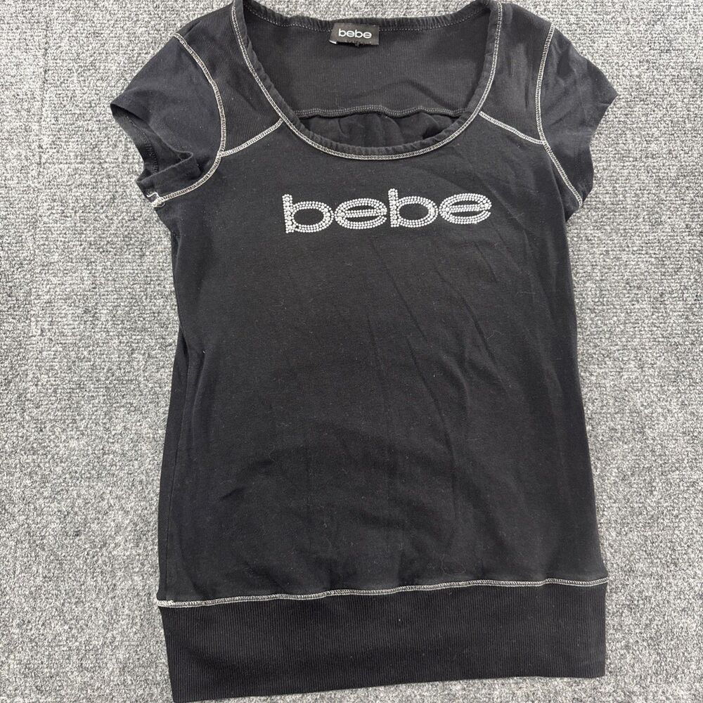 bebe Rhinestone Logo Black Stretch Top Women’s Scoop Neck Y2K Made in USA